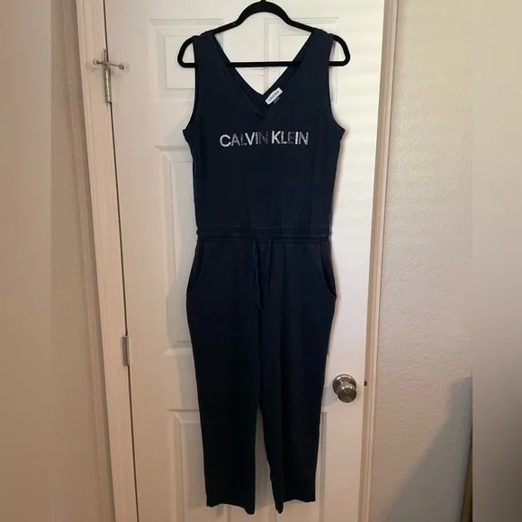 Calvin Klein Rhinestone Logo Navy V-Neck Jumpsuit - Picture 3 of 4